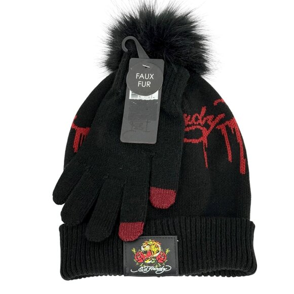 Ed Hardy Women's Black Beanie & Gloves Set With Faux Fur Pom Red Logo NWT - Picture 1 of 8